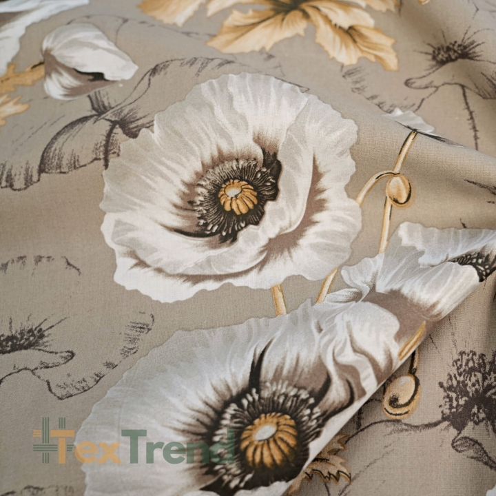 Baumwolle 100% große Mohnblumen auf beigem Hintergrund  