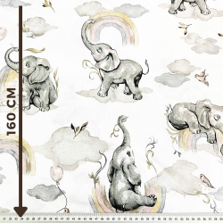 Baumwolle 100% Elefanten grau-beige mit Regenbogen auf weißem Hintergrund  