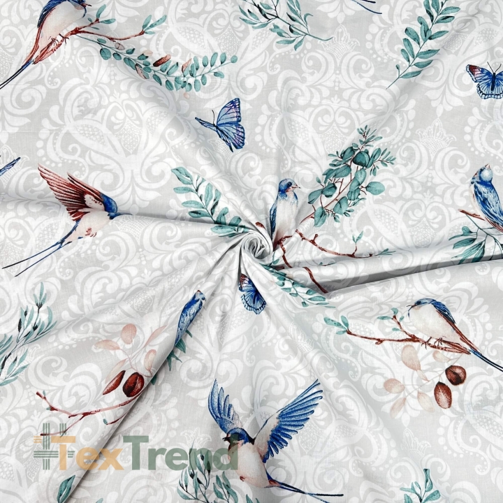 Baumwolle 100% blaue Schwalben auf grauem Hintergrund  