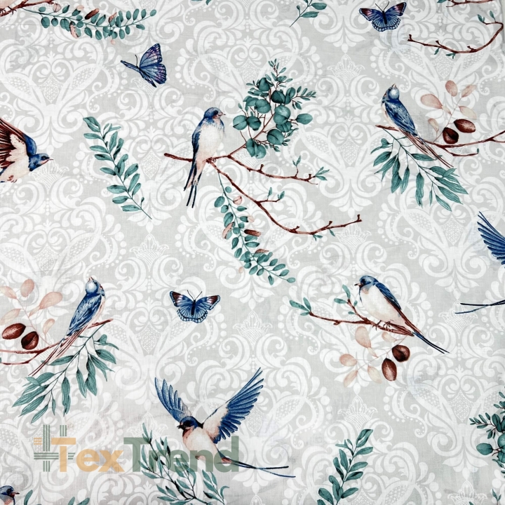 Baumwolle 100% blaue Schwalben auf grauem Hintergrund  