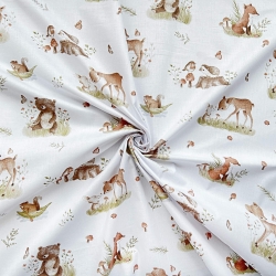 100% Baumwolle Reh und Tiere auf der Wiese auf weißem Hintergrund  