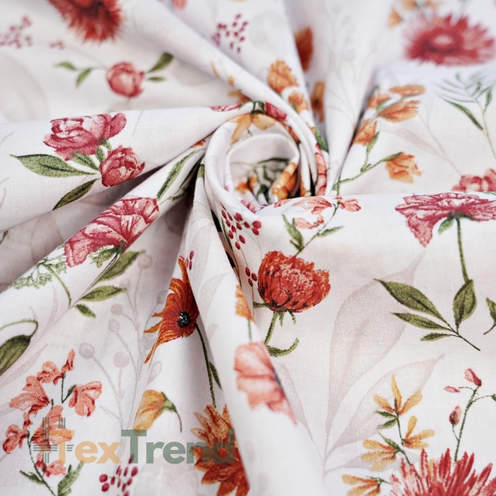 Baumwolle 100% Wiesenblumen rot-orange  