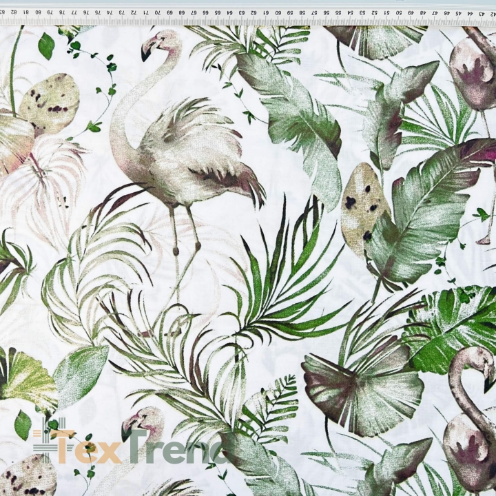 Baumwolle 100% beige Flamingos in olivgrünen Blättern  