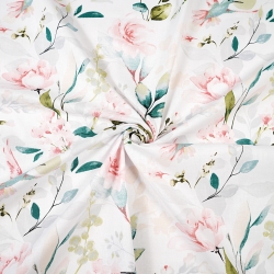 Baumwolle 100% kleine Pfingstrosen mit Kolibris auf weißem Hintergrund  