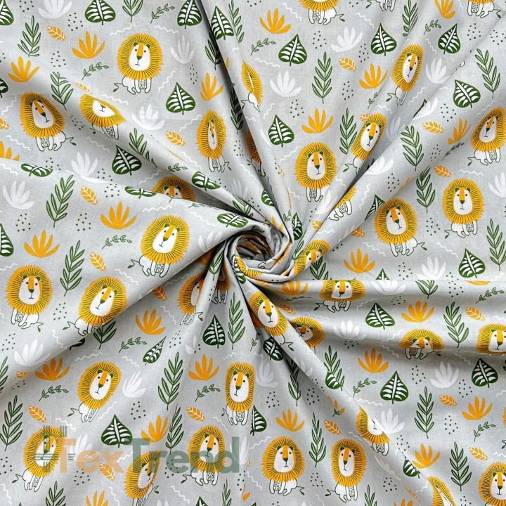 Baumwolle 100% Mini-Löwen auf grauem Hintergrund  