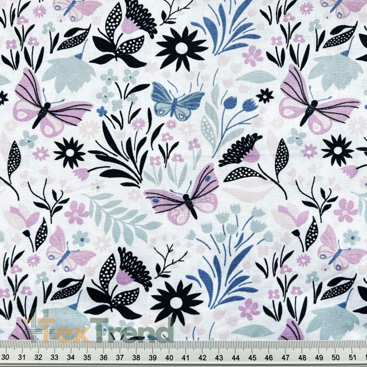 Baumwolle 100% rosa-lila Schmetterlinge mit Blumen  