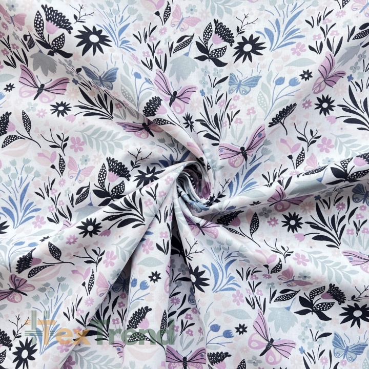 Baumwolle 100% rosa-lila Schmetterlinge mit Blumen  