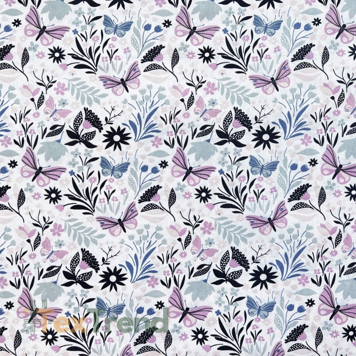 Baumwolle 100% rosa-lila Schmetterlinge mit Blumen  