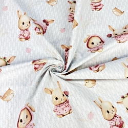 Baumwolle 100% rosa Kaninchen mit Vögeln auf weißem Hintergrund  