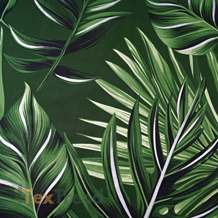 Muster-Satin aus Baumwolle mit großen grünen Blättern und Glitzer  