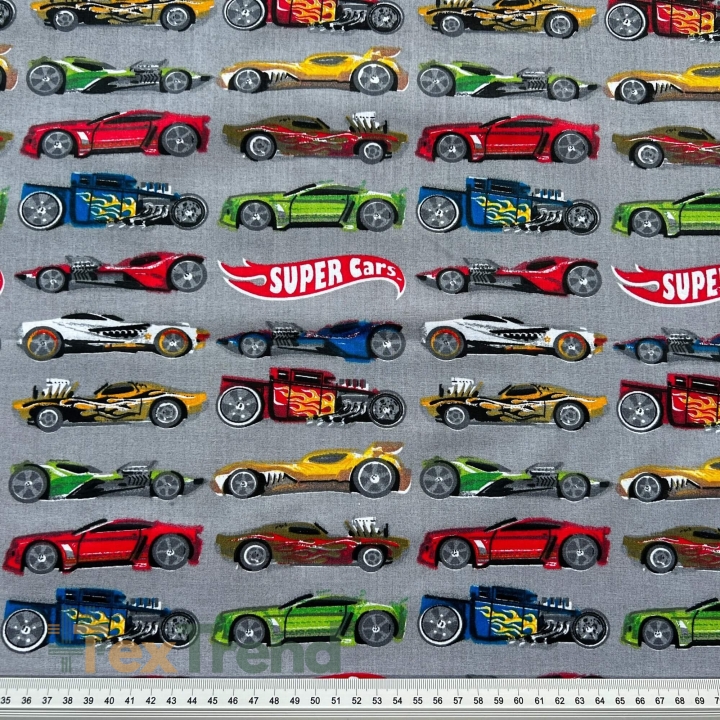 100% Baumwolle Super Cars auf grauem Hintergrund  