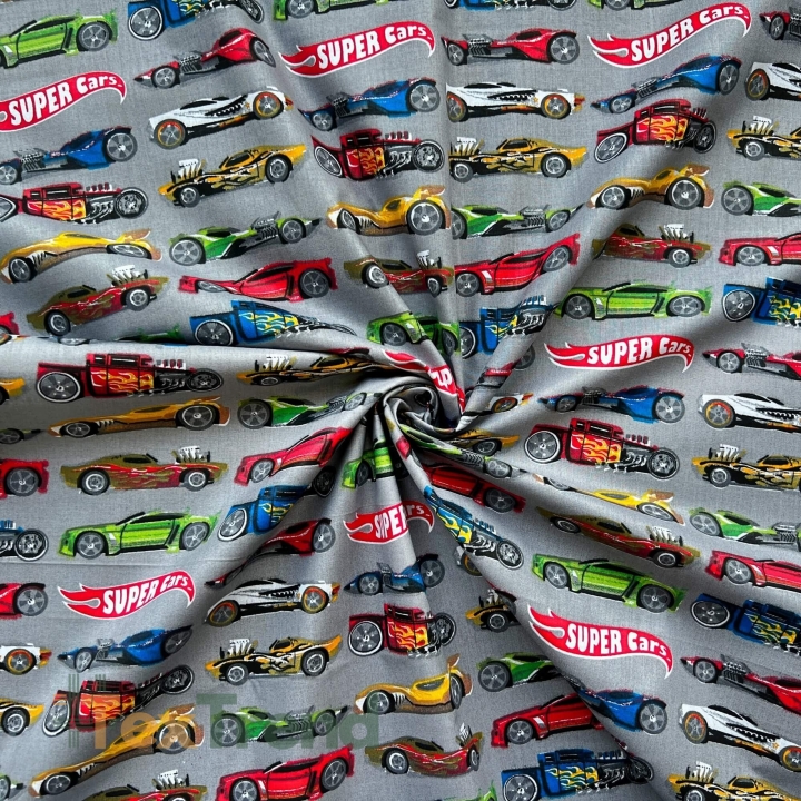 100% Baumwolle Super Cars auf grauem Hintergrund  