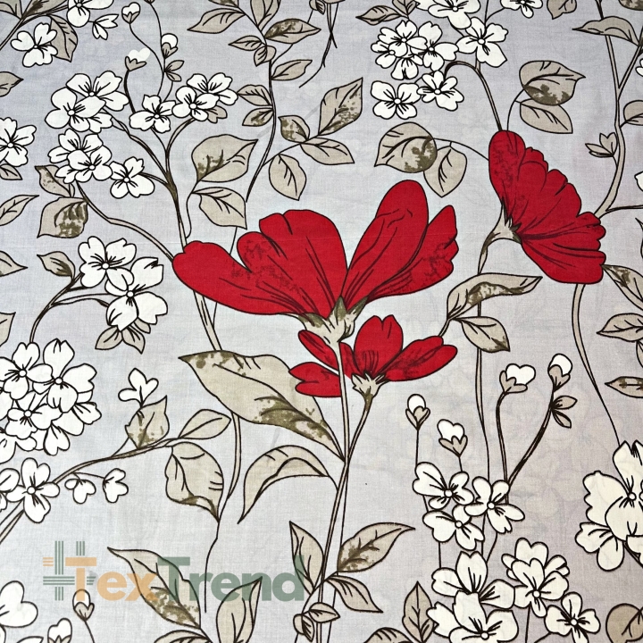 Baumwolle 100% große rote Blumen mit ecru Blumen auf grauem Hintergrund  