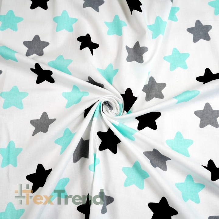 Baumwolle 100% Lebkuchensterne grau und türkis auf weißem Hintergrund  