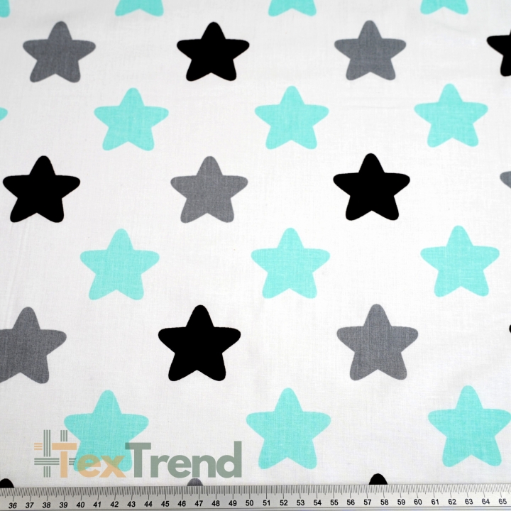 Baumwolle 100% Lebkuchensterne grau und türkis auf weißem Hintergrund  