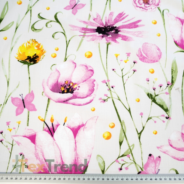 Baumwolle 100% große rosa Wiesenblumen auf weißem Hintergrund  