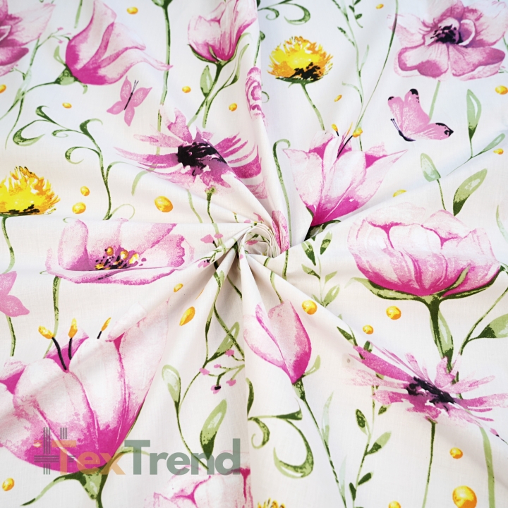 Baumwolle 100% große rosa Wiesenblumen auf weißem Hintergrund  