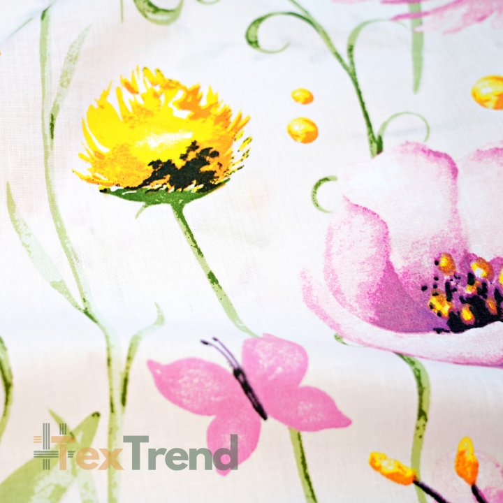 Baumwolle 100% große rosa Wiesenblumen auf weißem Hintergrund  