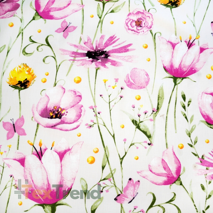 Baumwolle 100% große rosa Wiesenblumen auf weißem Hintergrund  