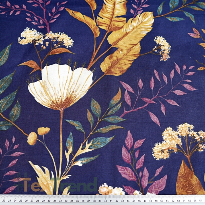 Baumwolle 100% Mohnblumen und Dill auf dunkelblauem Hintergrund  