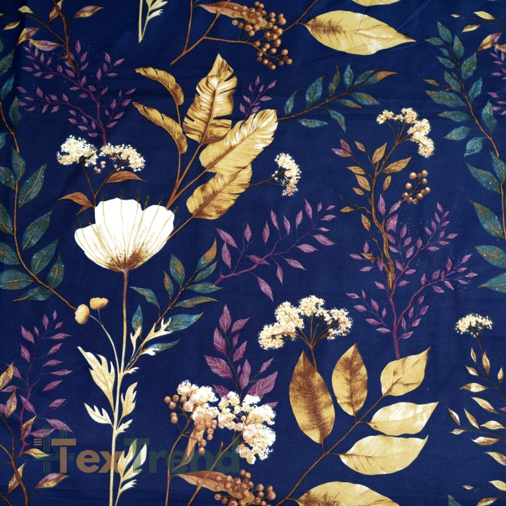 Baumwolle 100% Mohnblumen und Dill auf dunkelblauem Hintergrund  