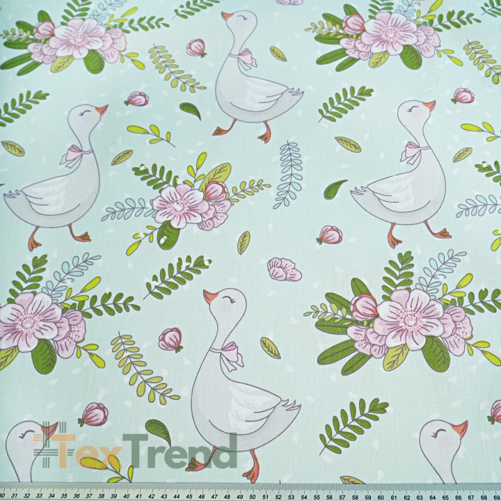 Baumwolle 100% Vögel Gänse mit Blumen auf mintfarbenem Hintergrund  