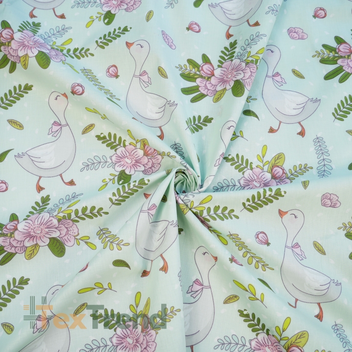 Baumwolle 100% Vögel Gänse mit Blumen auf mintfarbenem Hintergrund  