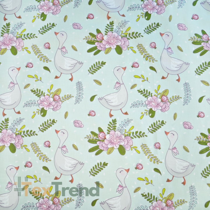Baumwolle 100% Vögel Gänse mit Blumen auf mintfarbenem Hintergrund  