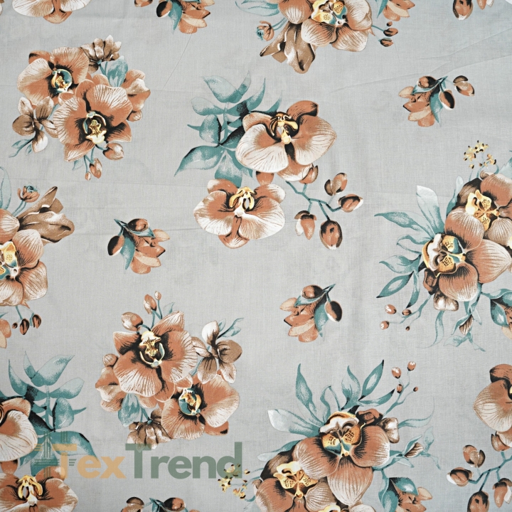 Baumwolle 100% braune Orchideen auf grauem Hintergrund  