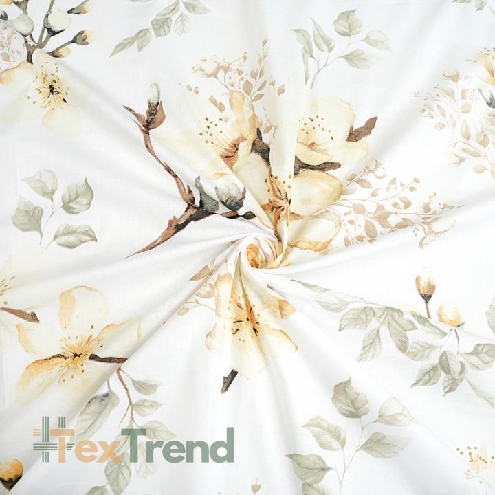 Baumwolle 100% große hellgelbe Apfelblüten auf weißem Hintergrund  