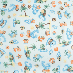 100% Baumwolle Tiere am Meer auf blauem Hintergrund  