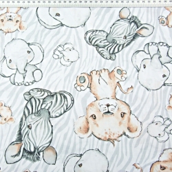 Baumwolle 100% Zebras Löwen und große Elefanten beige auf weiß-grauem Hintergrund