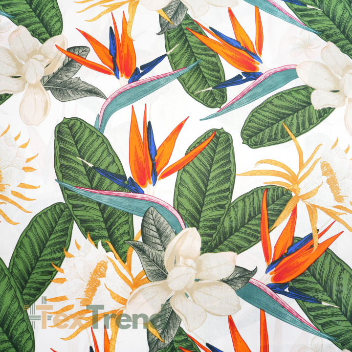 100% Baumwolle mit Strelitzien auf weißem Hintergrund