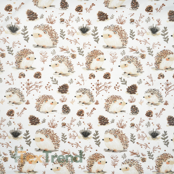 100% Baumwolle mit Igeln und Tannenzapfen auf weißem Hintergrund