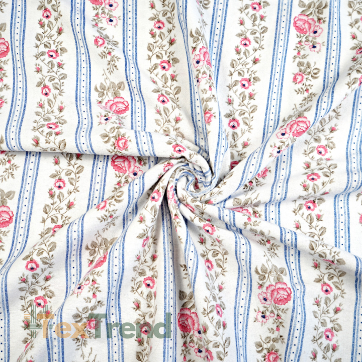 Flanela różyczki w pasach niebieskich