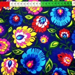 Baumwolle 100% Łowicki Muster auf dunkelblauem Hintergrund