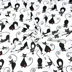 Baumwolle 100% Katzen mit Herzen schwarz auf weißem Hintergrund  