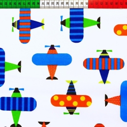 Baumwolle 100% Flugzeuge bunt auf weißem Hintergrund  