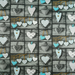 Baumwolle 100% Herzen türkis-rosa auf grauem Brett  
