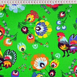 Baumwolle 100% Muster Hähne Łowickie grüner Hintergrund  