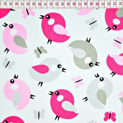 Baumwolle 100% Vögel grau-rosa auf weißem Hintergrund  