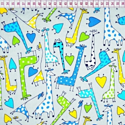 Baumwolle 100% Giraffen grün-blau auf grauem Hintergrund  