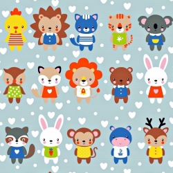 Baumwolle 100% Tiere mit Herzen auf grau-blauem Hintergrund  