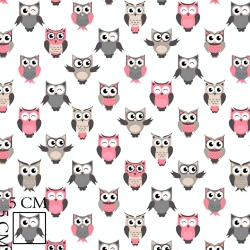 Baumwolle 100% Eulen grau-rosa auf weißem Hintergrund  