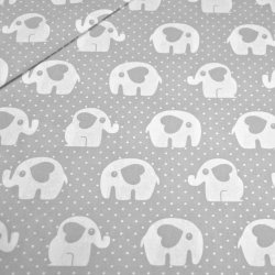Baumwolle 100% Elefanten mit Punkten auf grauem Hintergrund.  