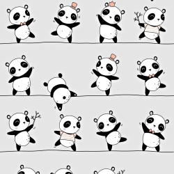 Baumwolle 100% tanzende Pandas auf grauem Hintergrund.  