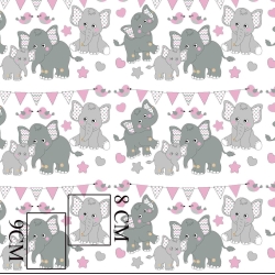 Baumwolle 100% Elefanten mit rosa Fähnchen auf weißem Hintergrund  