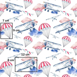 Baumwolle 100% Flugzeuge und Fallschirme auf weißem Hintergrund  