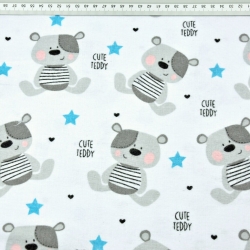 Flanell Teddy Bären grau mit blauen Sternen auf weißem Hintergrund  