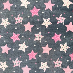 Fleece Plus gemusterte Sterne rosa-weiß auf grauem Hintergrund.  